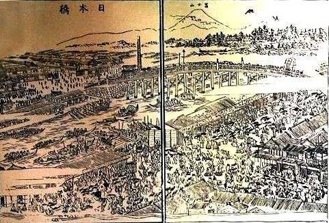 日本橋魚河岸 右下（北岸）二筋目が芭蕉が住んでいた小田原町